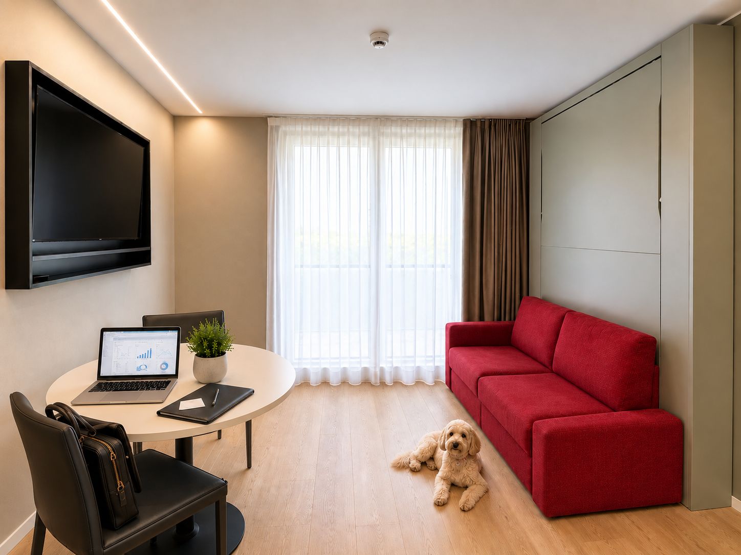 Una sala de estar moderna con un sofá rojo, una mesa de comedor con una computadora portátil y una planta, y un perro acostado en el suelo.