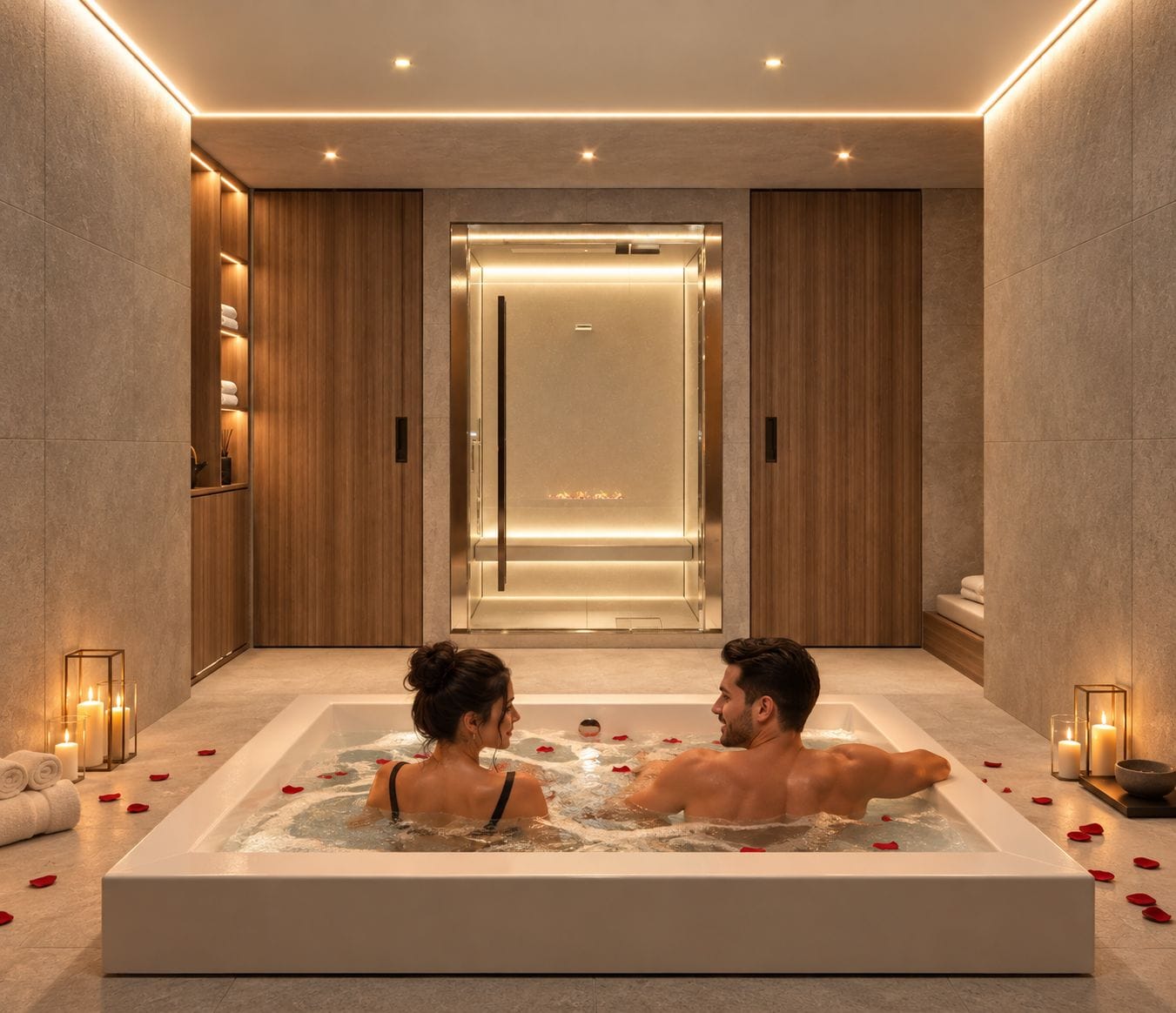 Een wellnessruimte met een groot bad, houten lambrisering en kaarsen.