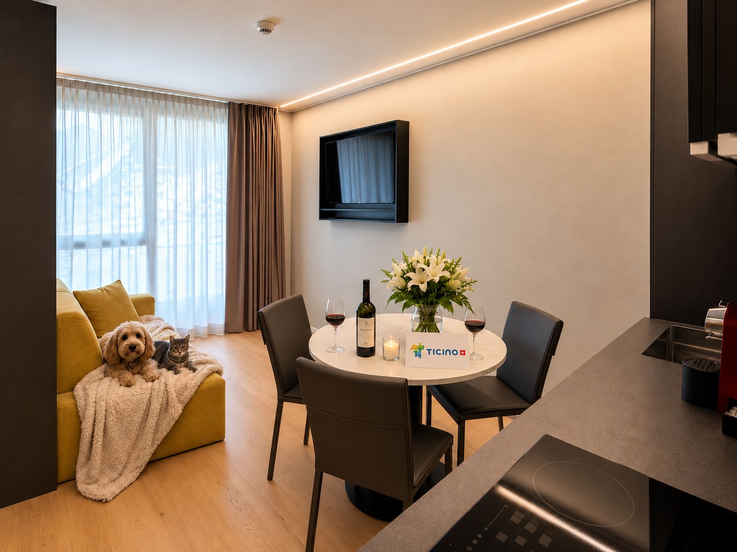 Ein modernes Wohnzimmer mit einer Couch, einem Esstisch mit Stühlen, einem an der Wand befestigten Fernseher und einer Küchenzeile mit einer Kaffeemaschine.