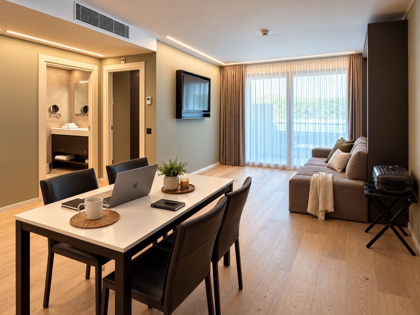 A modern hotel room with a dining area, a sofa, and a television.