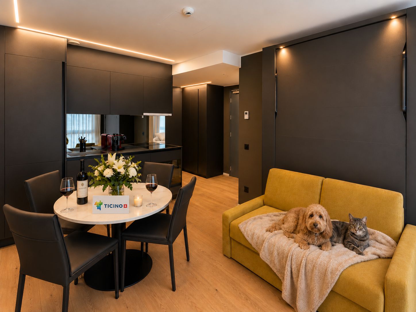 A modern living room with a yellow sofa, a dining table with chairs, a kitchen area, and a small dog and cat on the sofa.