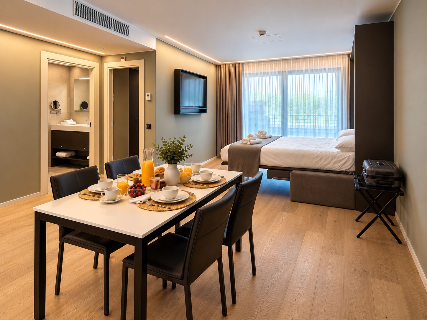 Une chambre d’hôtel comprenant un coin repas, un lit, une télévision et donnant sur l’extérieur.