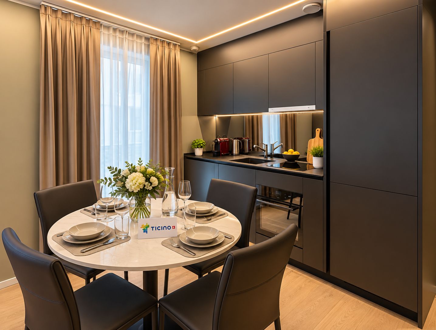 Une cuisine moderne avec des meubles de couleur sombre, un four encastré et un plan de travail doté d’un évier et de divers appareils électroménagers.