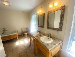 Hair dryer, towels, soap, shampoo