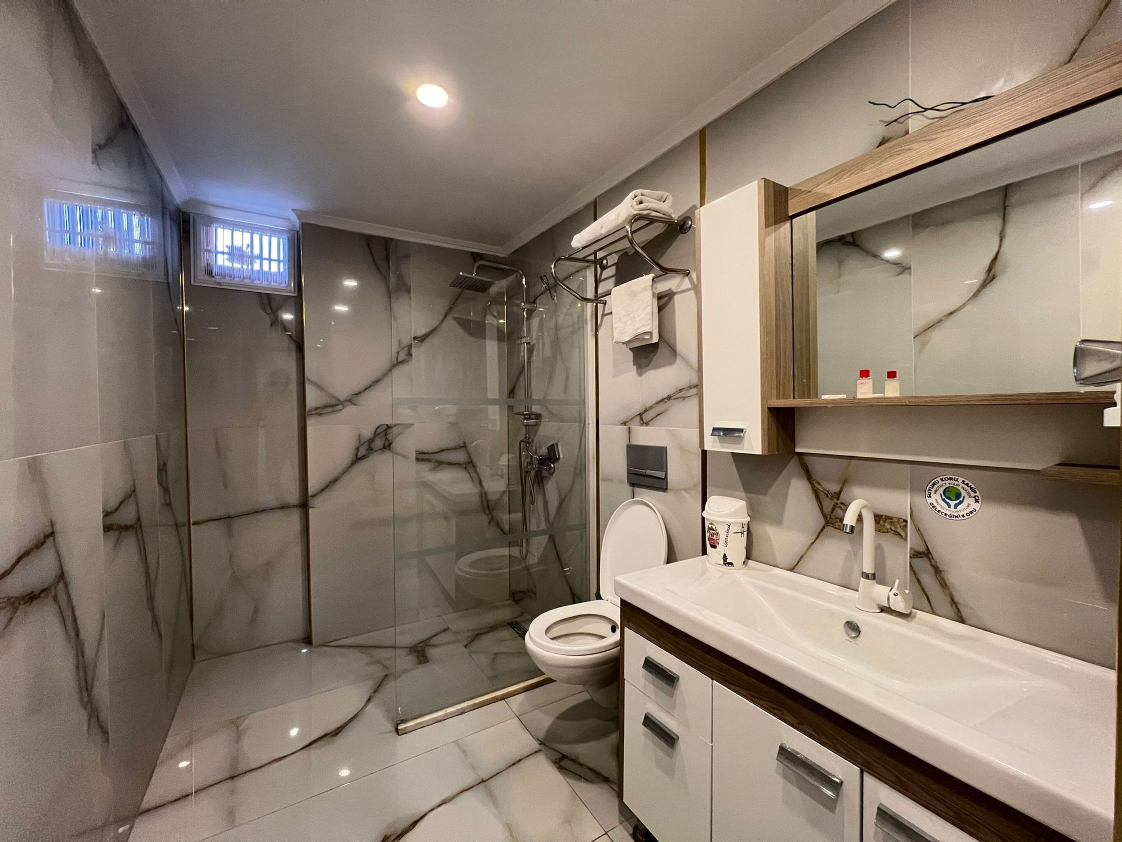 Une salle de bain moderne dotée d’une douche à parois de verre, de toilettes et d’un meuble-lavabo avec un miroir et des rangements.