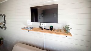 Una habitación con un televisor montado en una pared blanca con paneles, un estante de madera con un control remoto, una planta pequeña y un espejo decorativo.