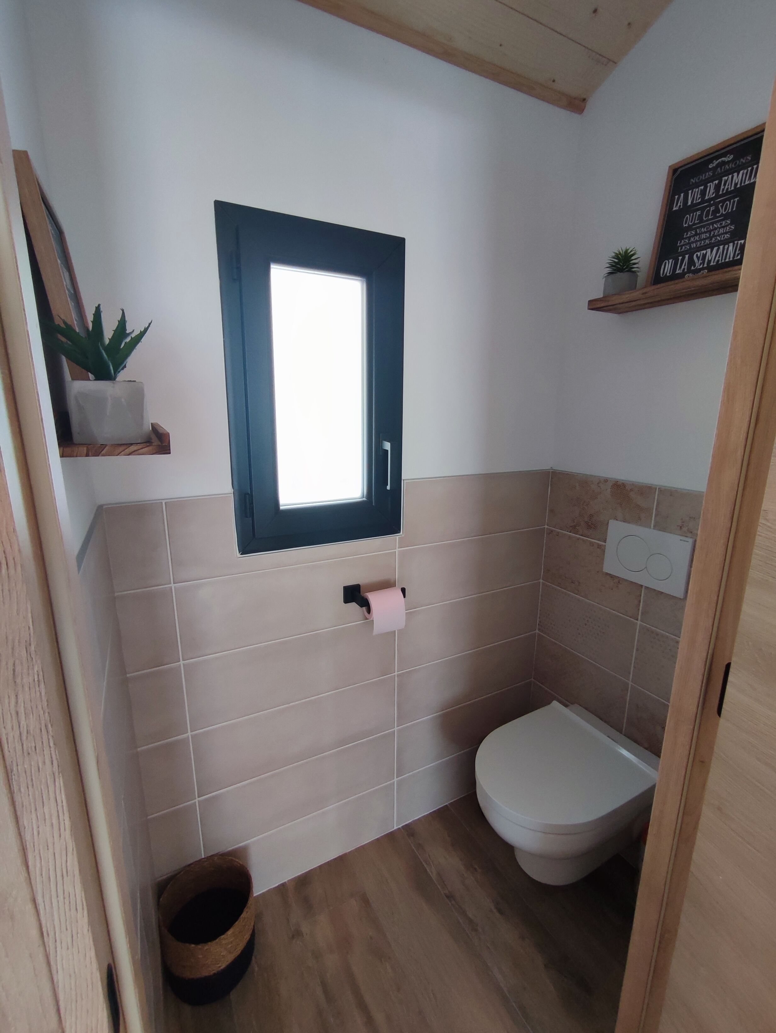 A small bathroom with a toilet, a window, and a shelf with a plant.
