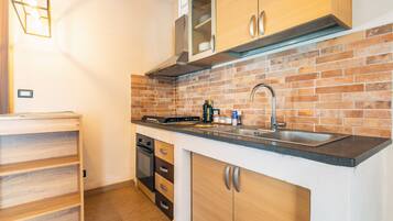 Fridge, stovetop, cookware/dishes/utensils, spices