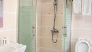 Une salle de bain avec une douche à parois en verre, des toilettes et un lavabo.