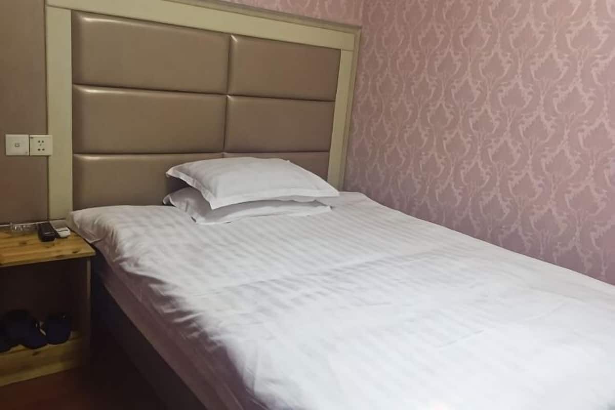 A single bed with a headboard, a nightstand with a remote control, and a patterned wall.