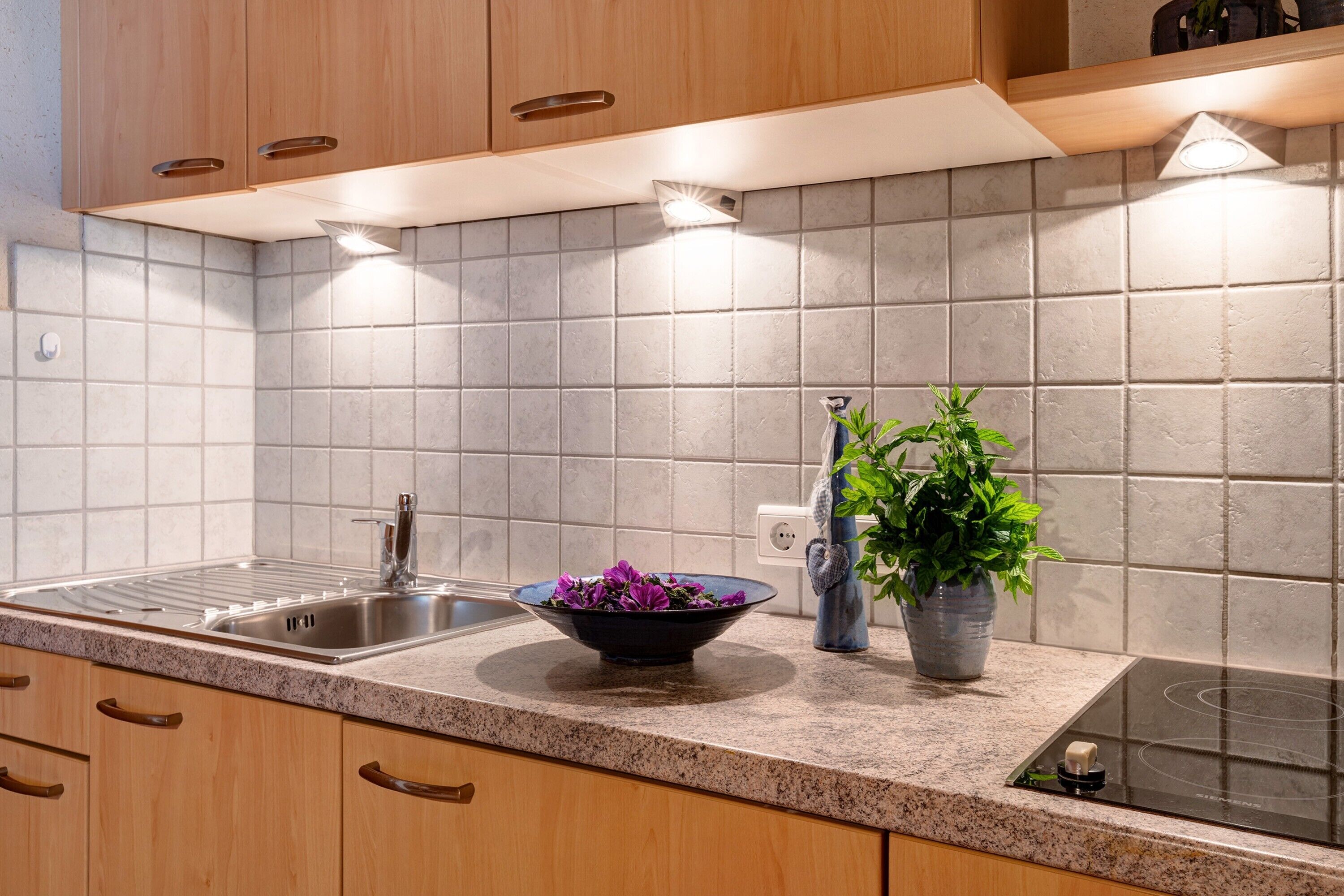 Fridge, stovetop, coffee/tea maker, electric kettle