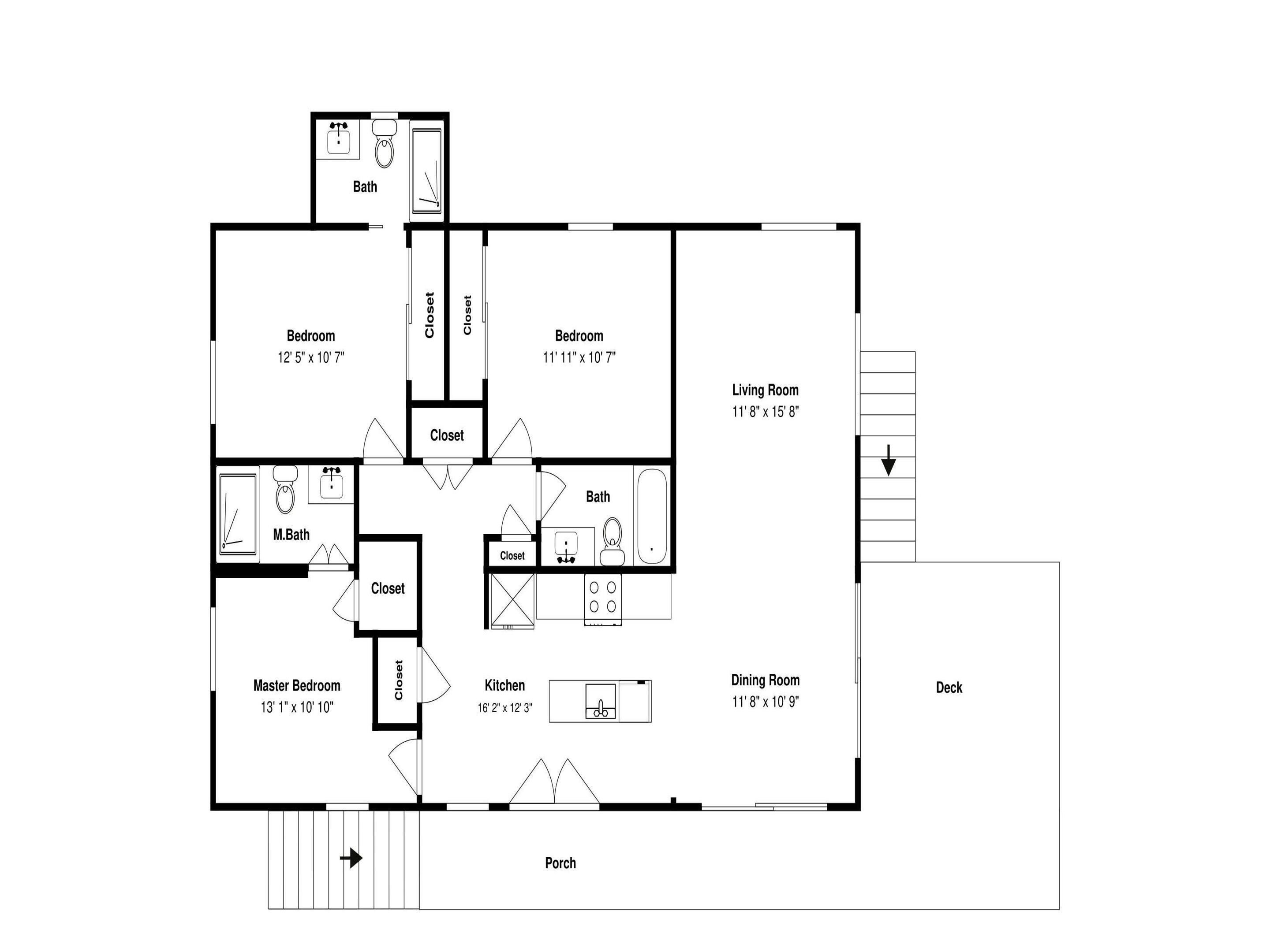 Plano de planta de una casa con un dormitorio principal, dos dormitorios estándar, un salón, un comedor, una cocina, un baño y un porche.