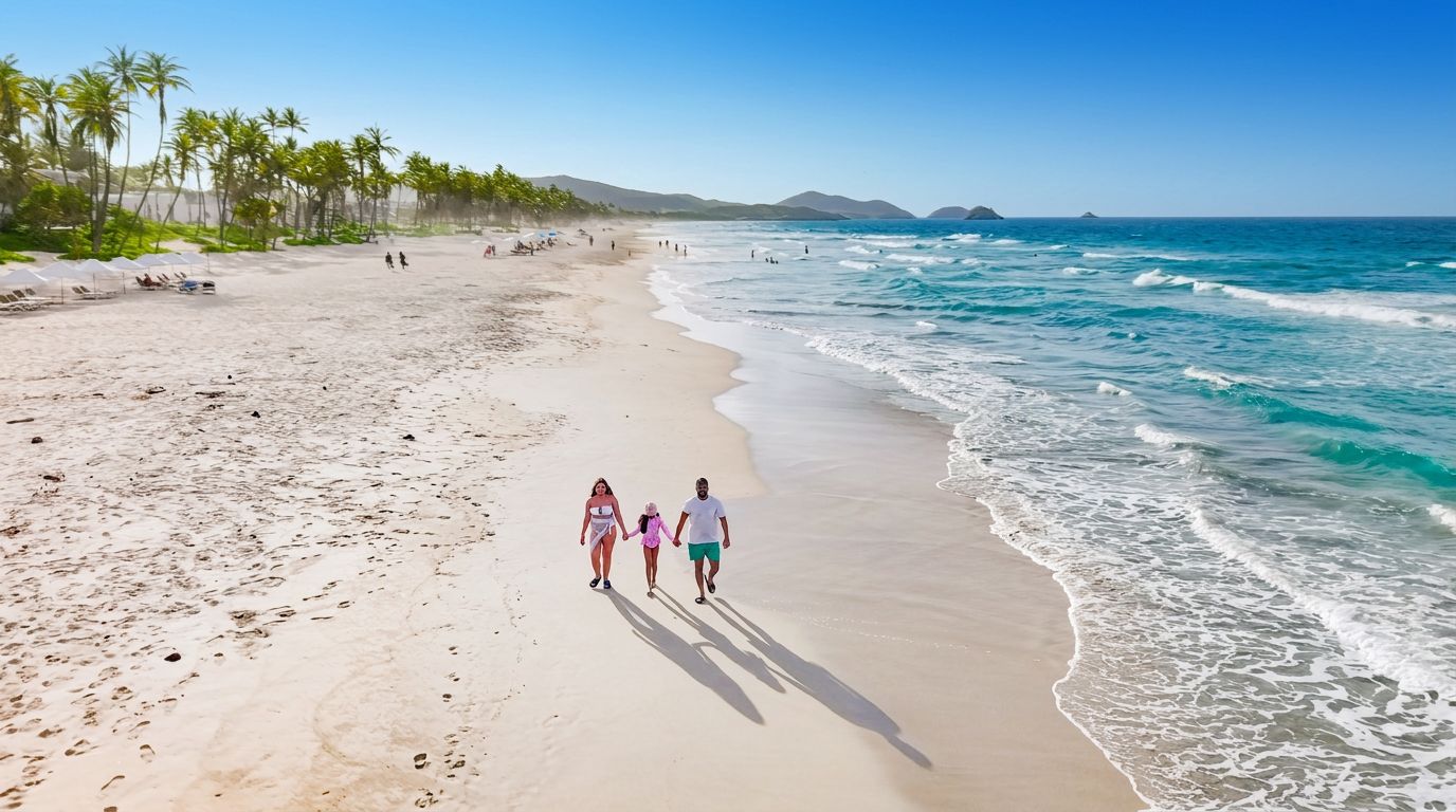 Una playa con cielo despejado, orilla arenosa y algunas personas caminando.