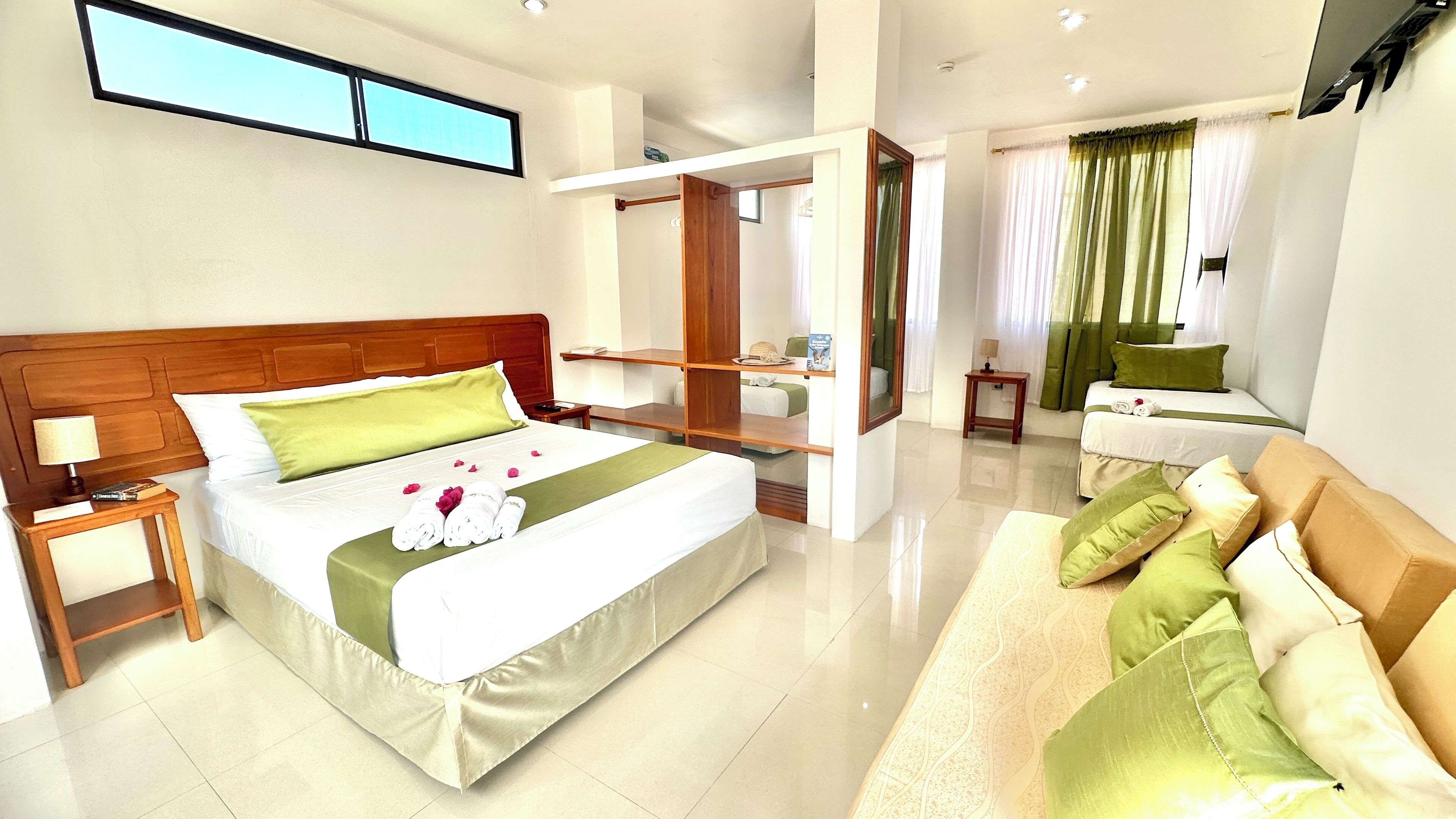 A hotel room with a large bed, a sofa, a small table, and a TV.