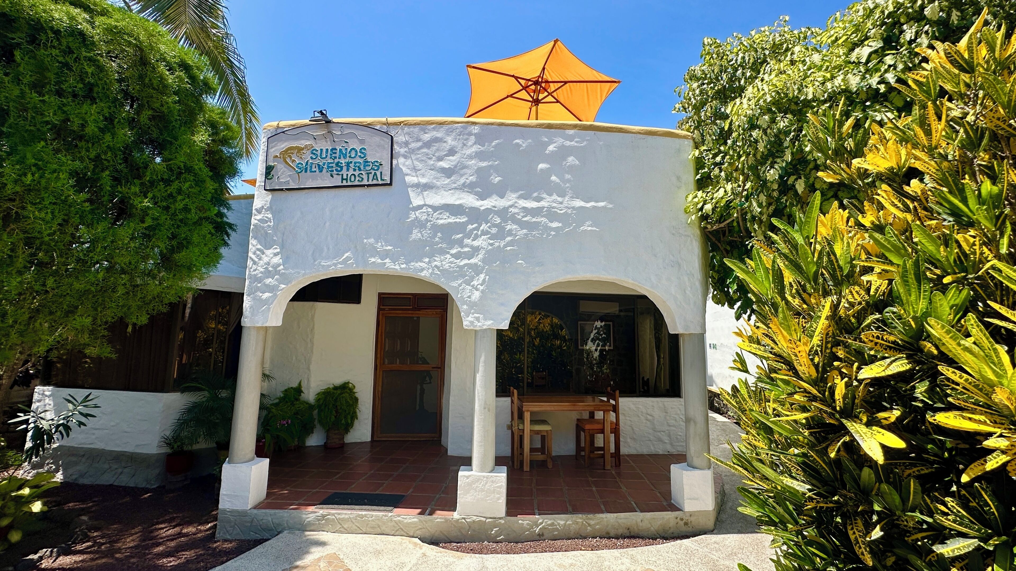 A white building with a sign reading "Suenos Silvestres Hostal" and a large orange umbrella on the roof.
