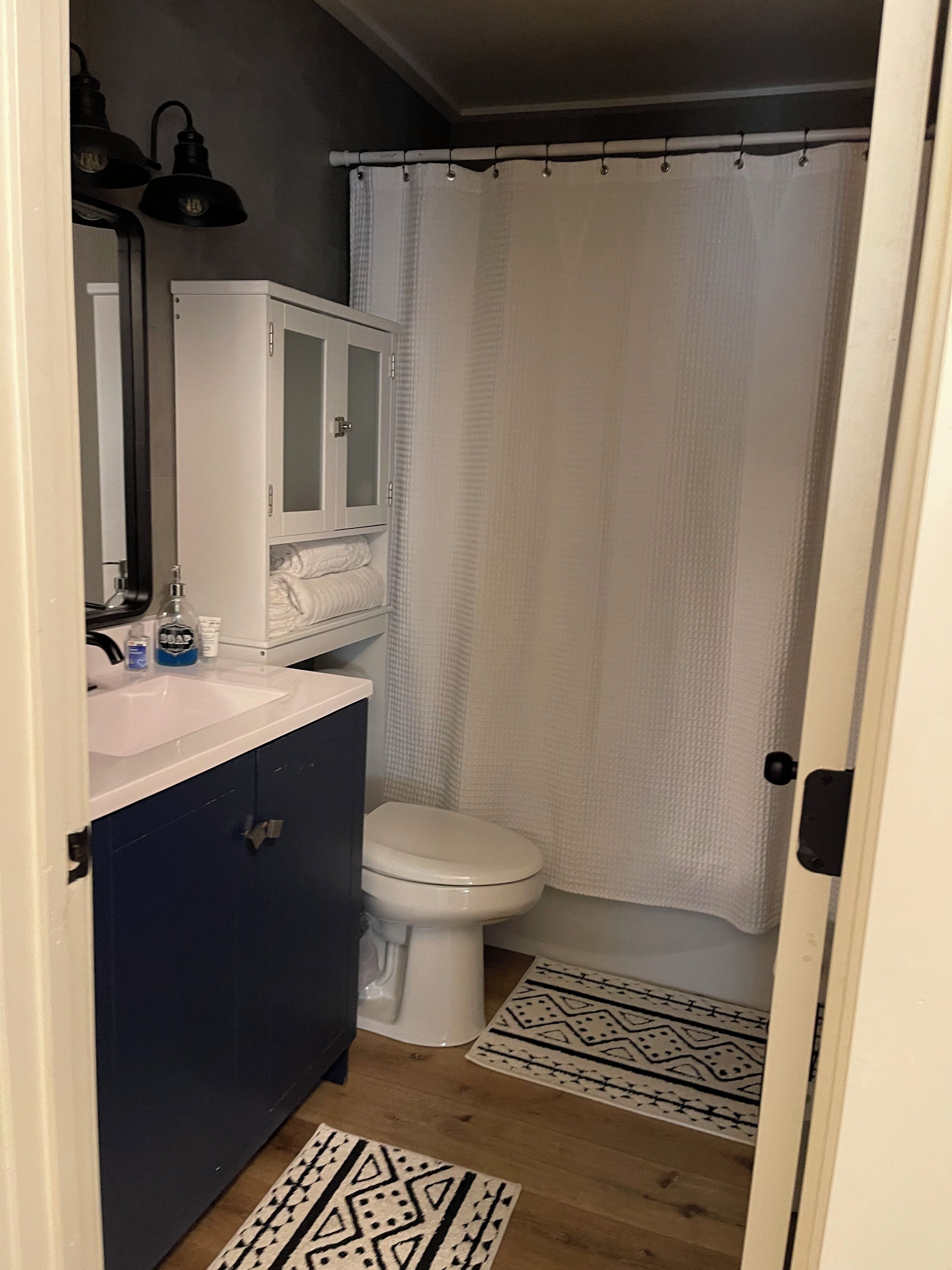 Hair dryer, towels, soap, shampoo