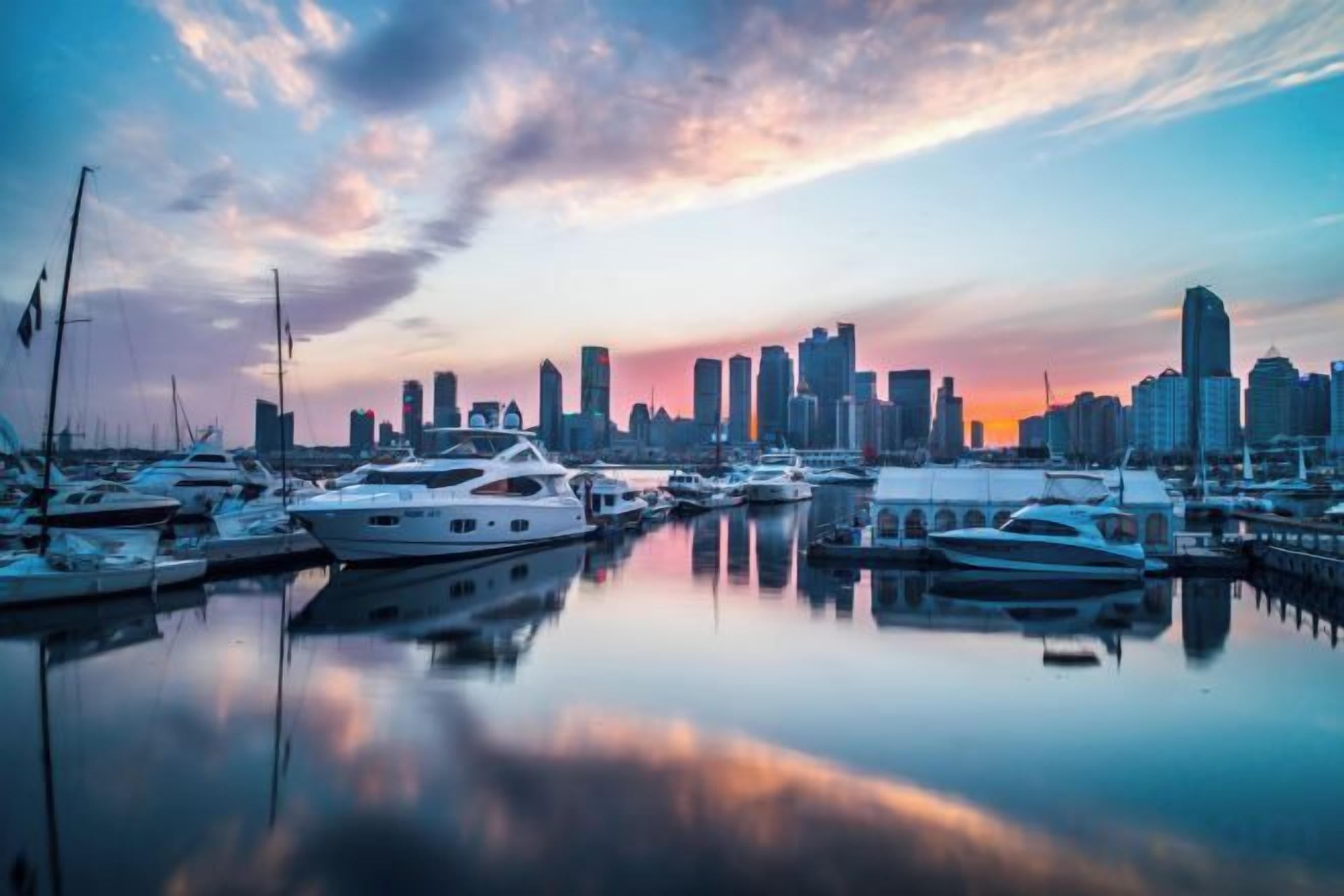 A marina with boats and a city skyline in the background.