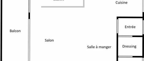 A hotel layout with a balcony, salon, dining area, and a dressing room.