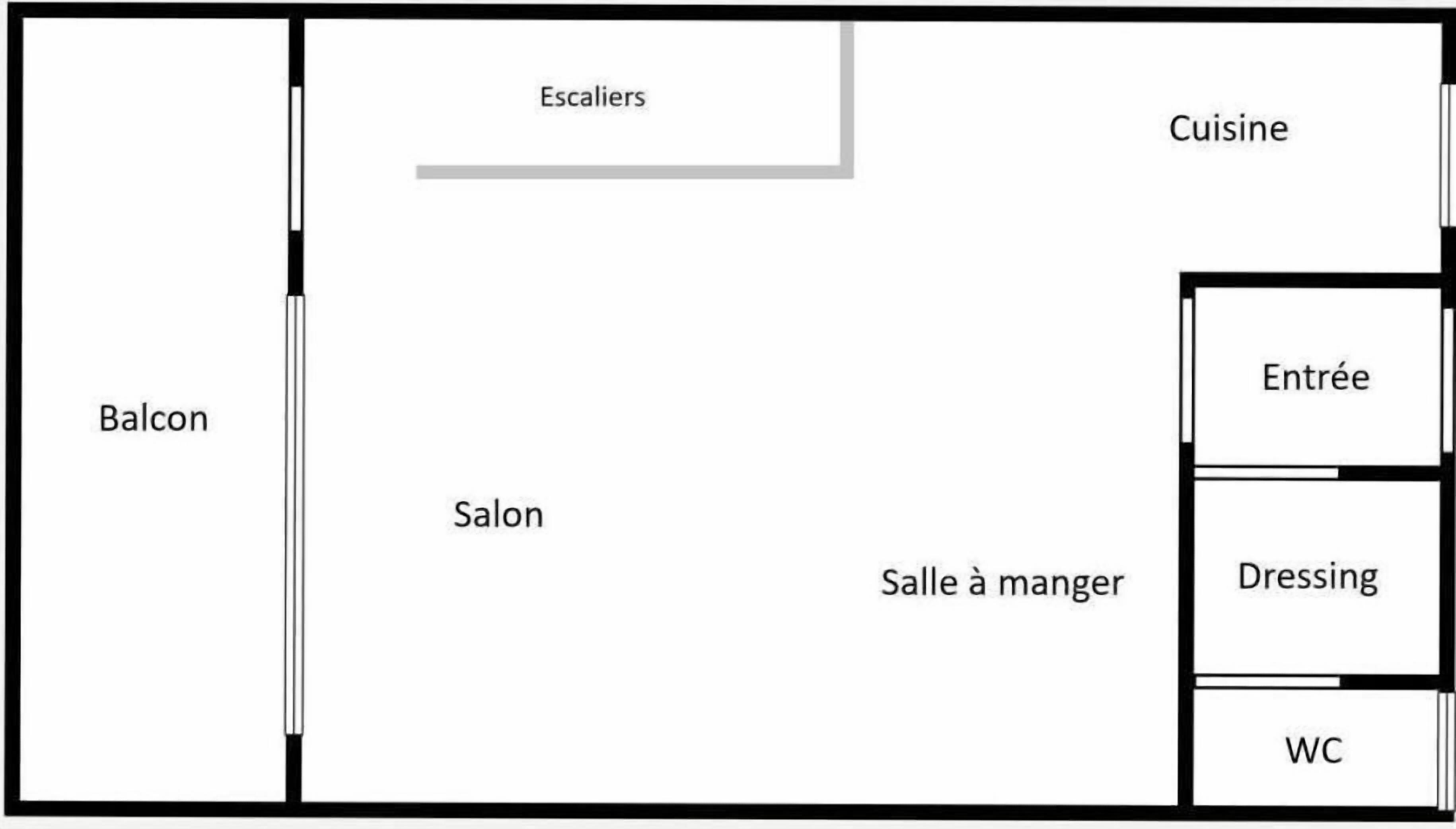 Distribución de un hotel que incluye balcón, salón, comedor y vestidor.