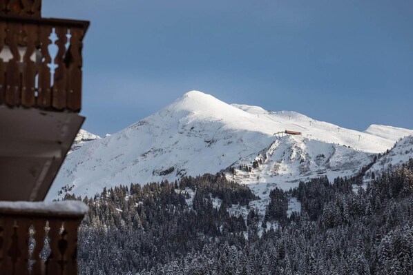 A snow-covered mountain with a ski lift and a forested valley.