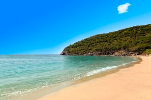 A beach with clear turquoise water, a sandy shore, and a forested hill in the background. - Hesperia Isla Margarita Todo Incluido (Matasiete)