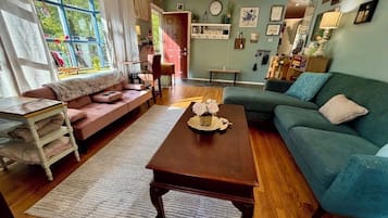 Smart TV, fireplace, books, music library
