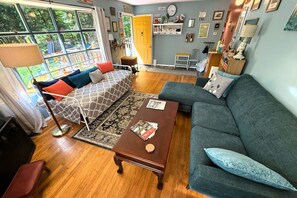 Smart TV, fireplace, books, music library