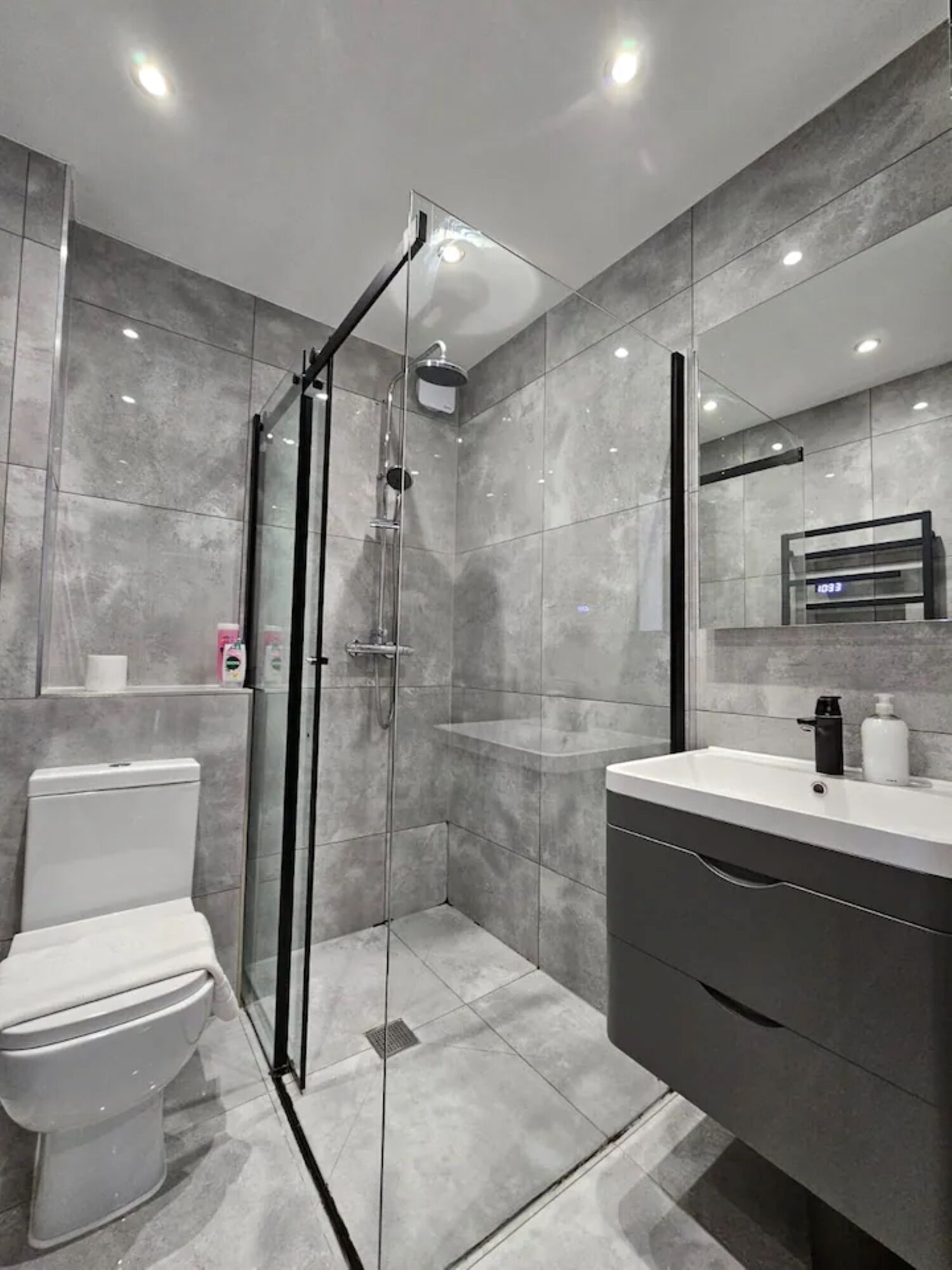 Hair dryer, towels, soap, shampoo