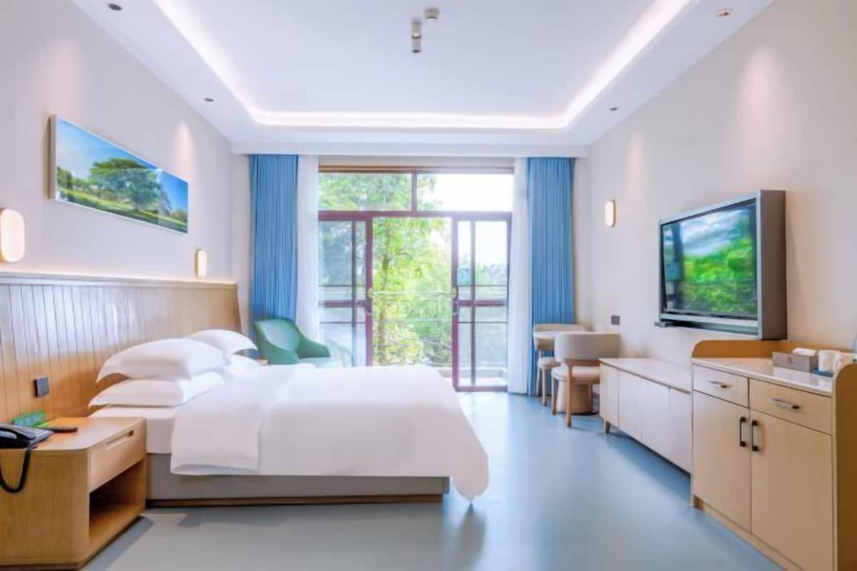 Una habitación de hotel moderna con cama, mesita de noche, televisor y vistas al verde exterior.