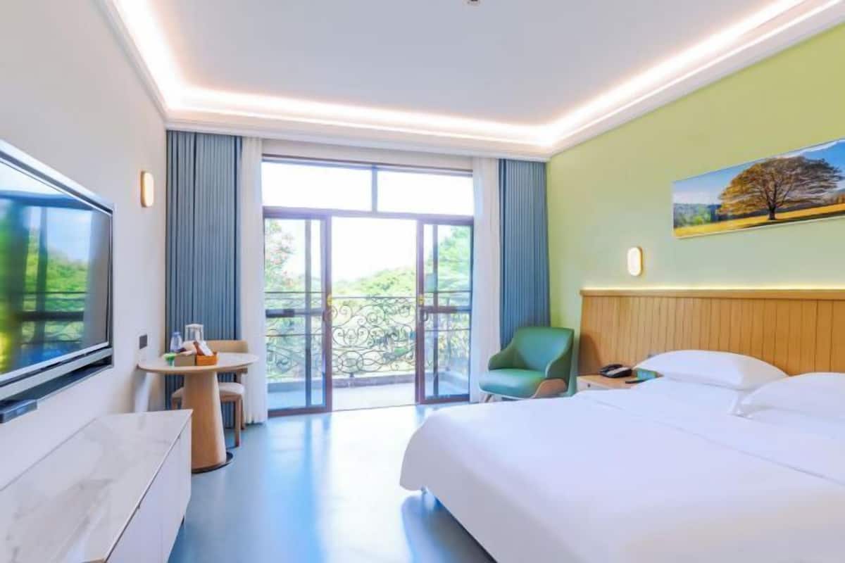 Una habitación de hotel con cama, televisión, escritorio y vistas al exterior.