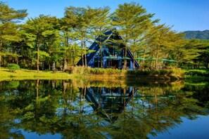 A modern building with a unique triangular design surrounded by lush greenery and a reflective pond.