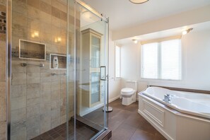 Shower, jetted bath, hair dryer, towels