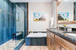 Shower, hair dryer, towels, shampoo