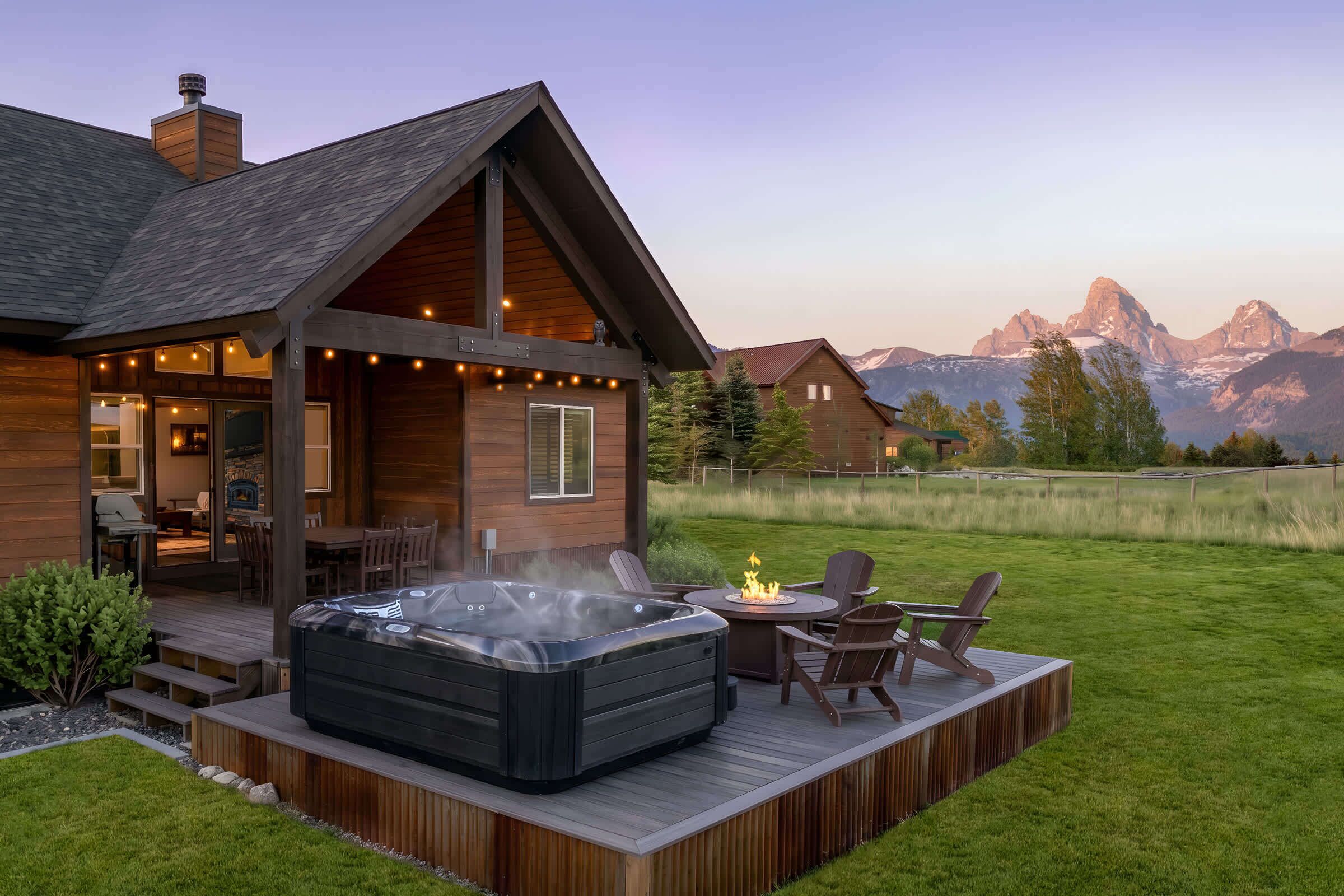 The backyard at Powderhorn is perfect for group gatherings and Teton views.