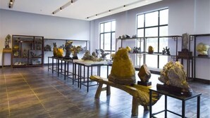A spacious gallery with high ceilings and large windows, displaying various sculptures and artworks on tables and shelves. - Stone Hotel (Yingde)