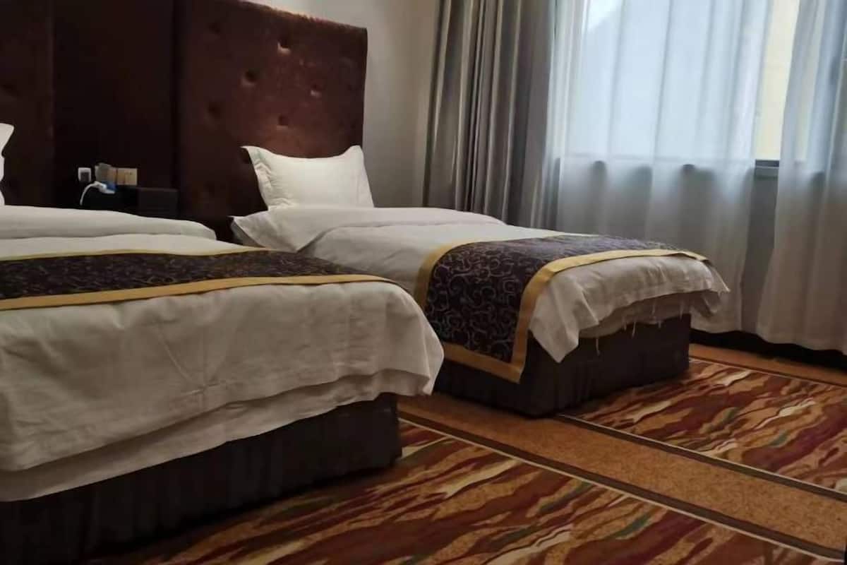 Habitación de hotel con dos camas, un cabecero grande, una alfombra estampada y una ventana con cortinas.
