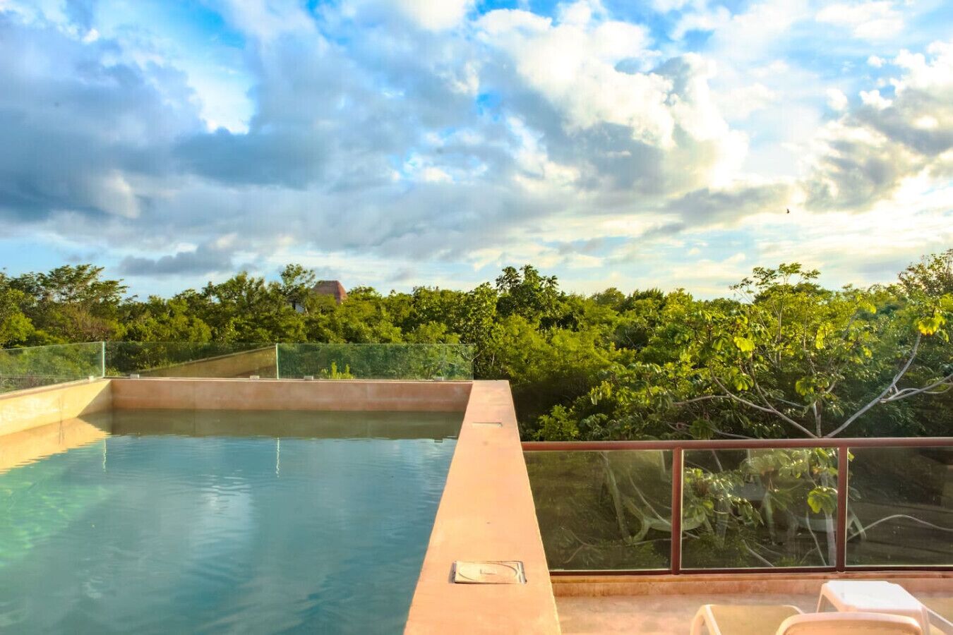 A swimming pool with a glass barrier, surrounded by lush greenery and trees.
