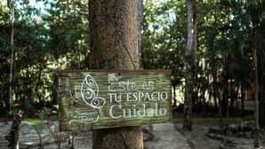 Un panneau en bois avec du texte, placé dans une zone boisée.