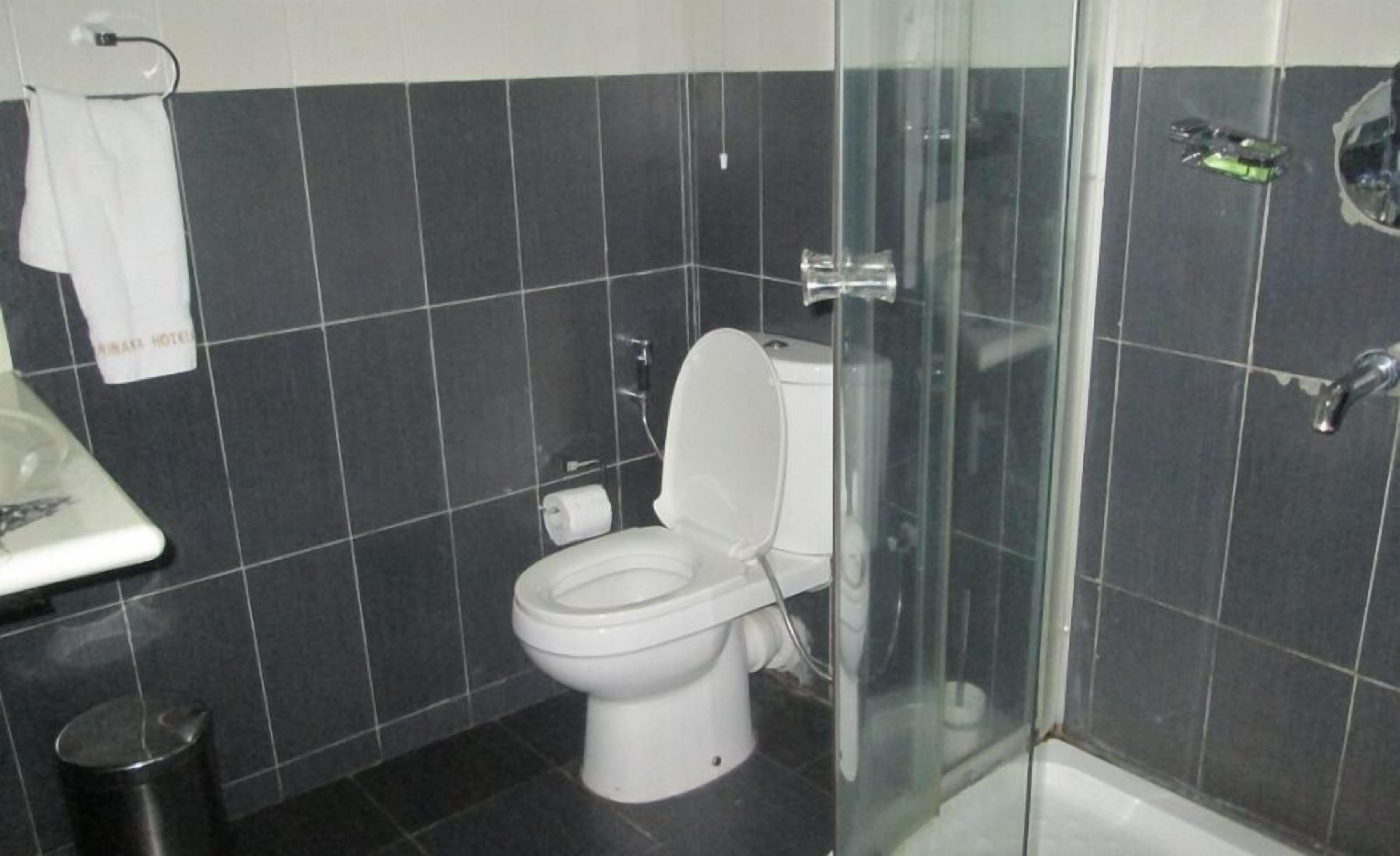 A bathroom with a toilet, a glass shower enclosure, and a sink.