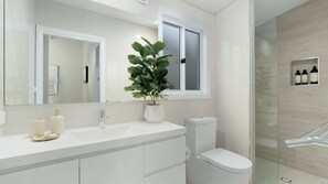 Shower, hair dryer, towels