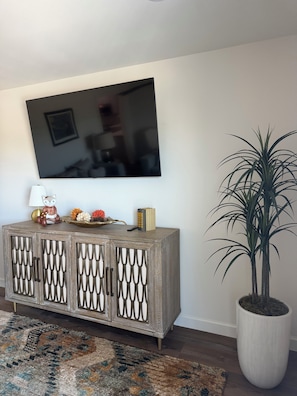A living room with a television mounted on the wall, a wooden cabinet with decorative items, a large potted plant, and a patterned rug. - The Sunflower 2BR-2BA Bay View Near Hospital-Downtown-Cole Park (Corpus Christi)