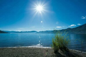 A lake with a clear sky and distant mountains.