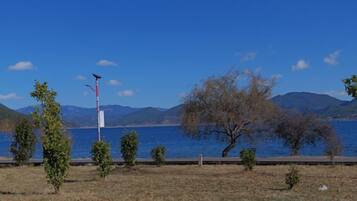 Vista despejada de un lago con montañas al fondo, algunos árboles y un cielo claro.
