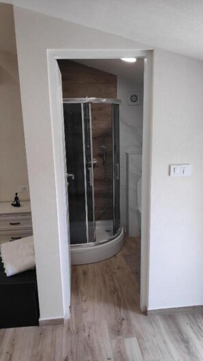 Shower, hair dryer, towels, toilet paper