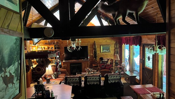 Un intérieur de chalet chaleureux avec un plafond en bois, une cheminée, un téléviseur et un coin repas.