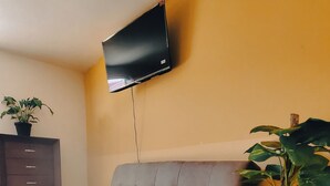 Un soggiorno con divano, televisione a muro, una pianta in vaso e un mobile.