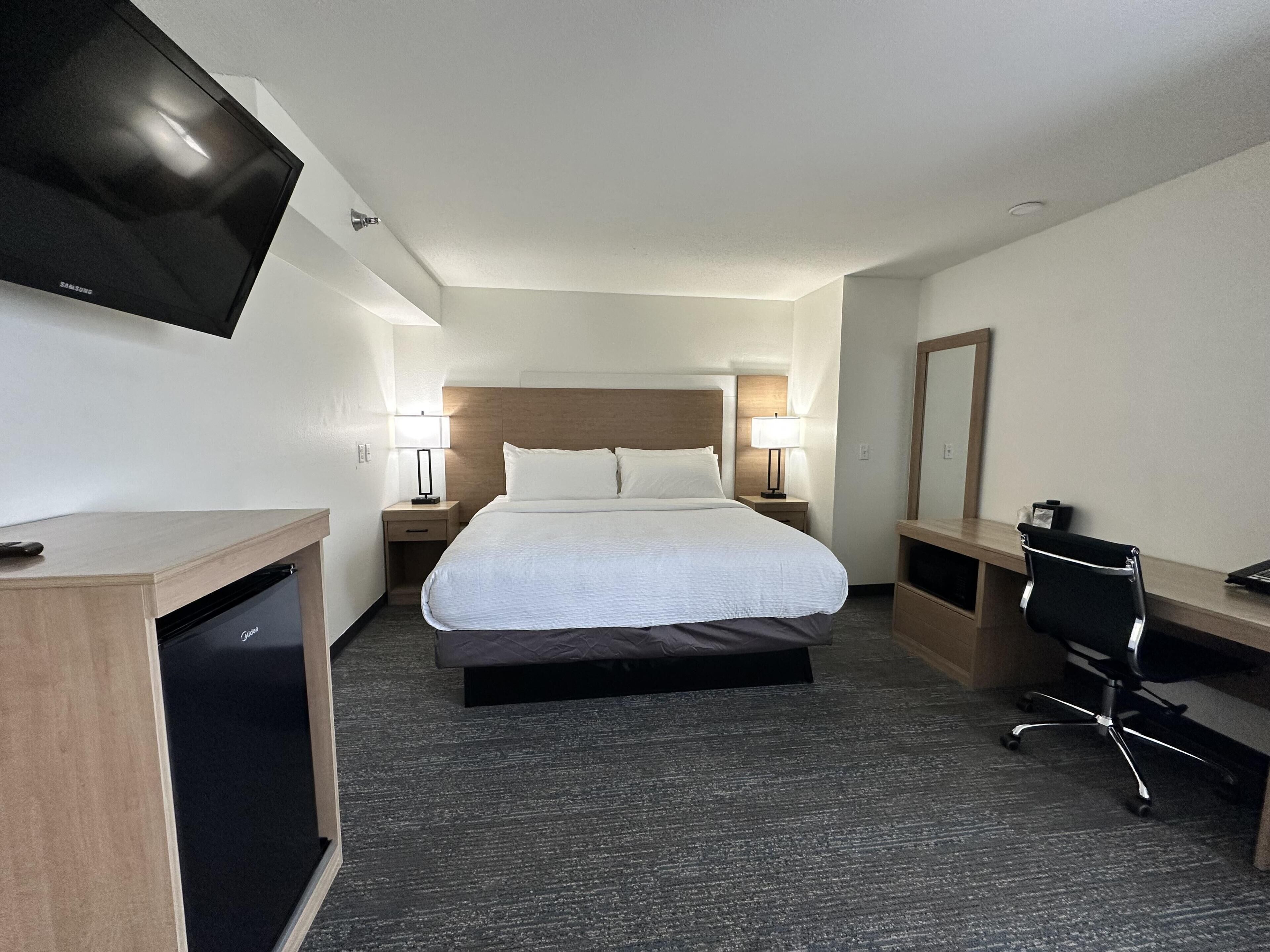 Standard Room, 1 King Bed, Non Smoking, Jetted Tub | Desk, laptop workspace, blackout drapes, iron/ironing board