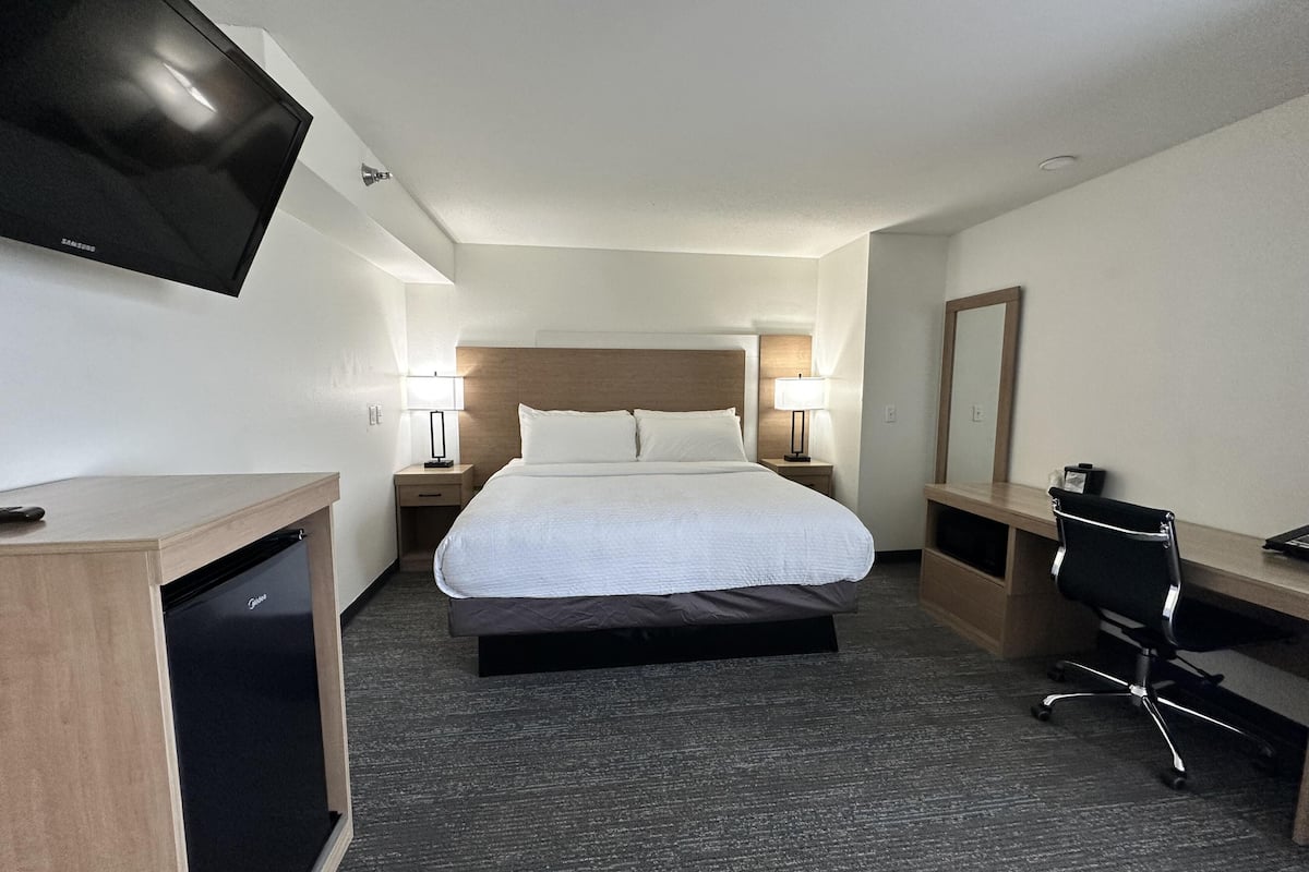 Standard Room, 1 King Bed, Non Smoking, Jetted Tub | Desk, laptop workspace, blackout drapes, iron/ironing board