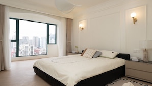 A modern bedroom with a large bed, a city view, and a minimalist design. - Shanghai HUI B&B Near the Bund Xintiandi City View (Shanghai)