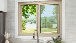A kitchen with a double sink, a window with a view of a lake and trees, and a potted plant on the counter.
